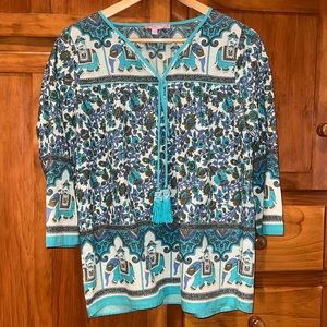 Calypso St. Barth Teal, Blue, and Brown Print Blouse Small